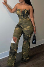 Fashion Bandeau V-Neck Camouflage Print Slim-Fit Ripped Jumpsuit