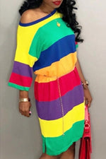 Round Neck Rainbow Striped Print Dress