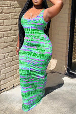 Fashion Printed Backless Lacing Maxi Dress