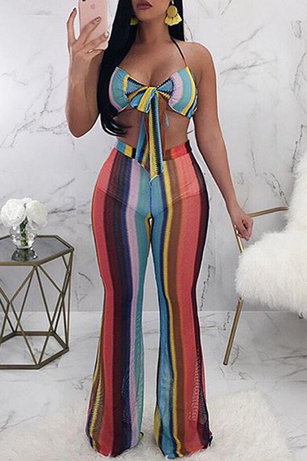 Colorful Striped Halter Top Pants Set