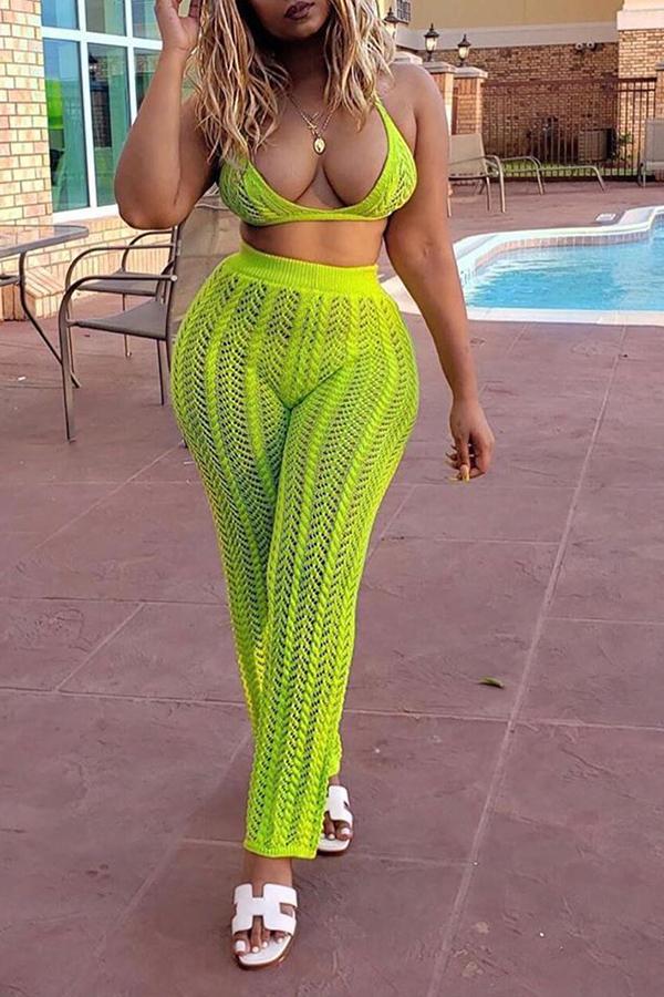 Solid Color Knitted See-through Two-piece Set