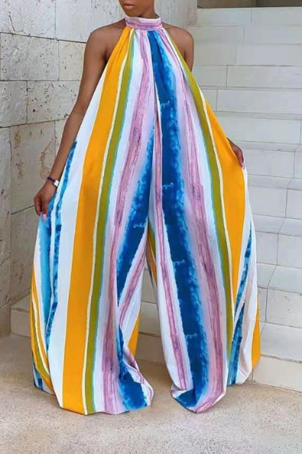 Casual Loose Colorful Striped Halter Jumpsuit
