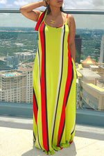 Rainbow Striped Round Neck Maxi Dress