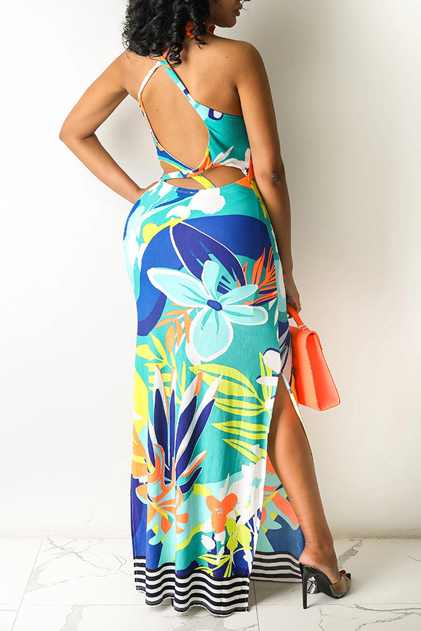 Natural Print Slit Maxi Dress