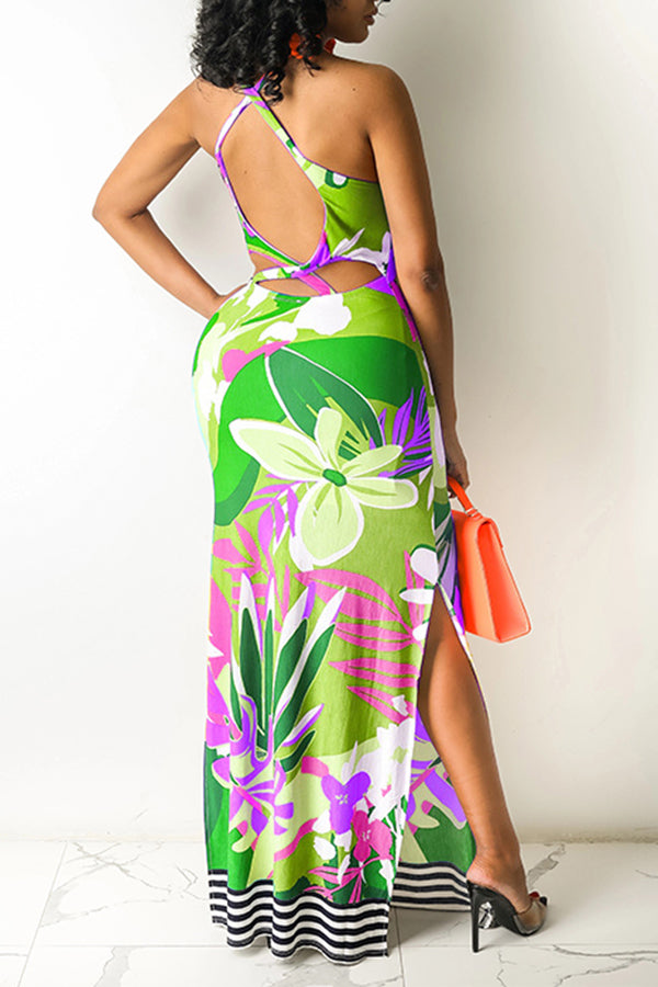 Natural Print Slit Maxi Dress