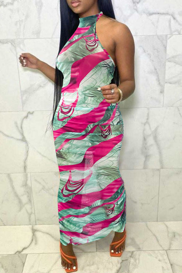 Fashion Print Mesh Sleeveless Maxi Dress