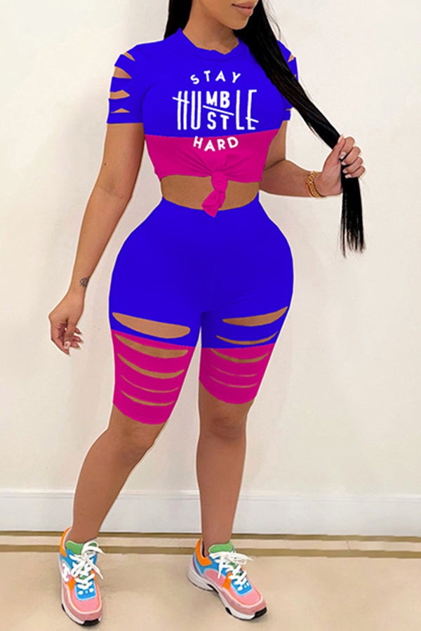 Slogan Colorblock Ripped Two-piece Set