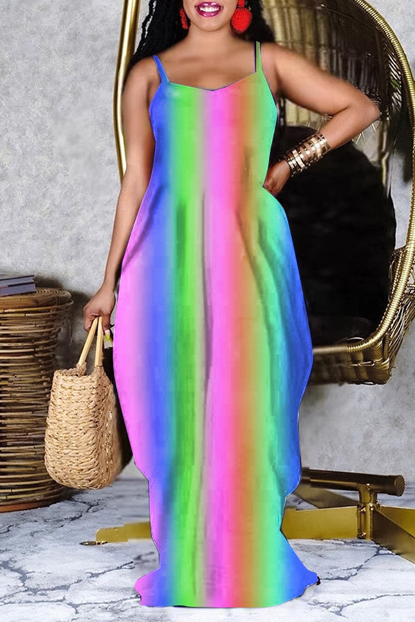 Summer Rainbow V-neck Sleeveless Maxi Dress