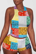 Colorful Colorblock Sleeveless Top & Drawstring Shorts Set
