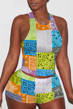 Colorful Colorblock Sleeveless Top & Drawstring Shorts Set