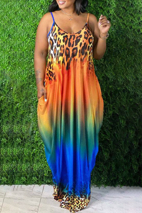 Plus Size Gradient Leopard V-neck Sleeveless Pocket Dress