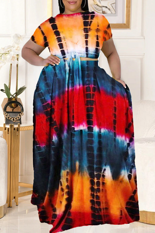 Plus Size Fashion Print Lace Up Dress Set