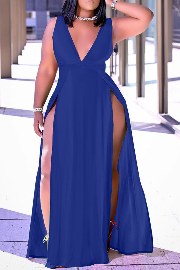 Plus Size V-neck Sleeveless Studded Slit Maxi Dress