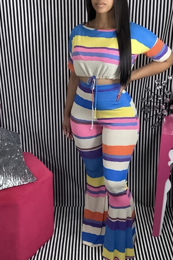 Colorful Striped Drawstring Flared Two-piece Set