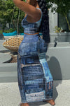 V-neck Imitation Denim Print Dress Set