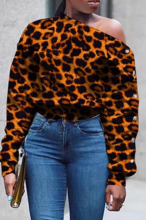 Sexy Leopard Print Shoulder Button Blouse