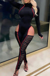 Fashion Elegant Striped Stitching Mesh Hollow Sexy Tight-fitting Jumpsuit