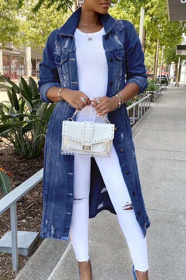 Casual Fashion Ripped Denim Trench Coat