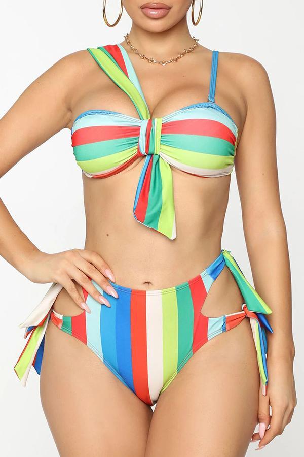 Colorful Striped Knotted Bow Two-piece Bikini