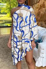 Asymmetrical Ruffled Sexy Elegant Print One-sleeve Dress