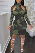 Fashion Hollow Camouflage Print Long Sleeve Dress