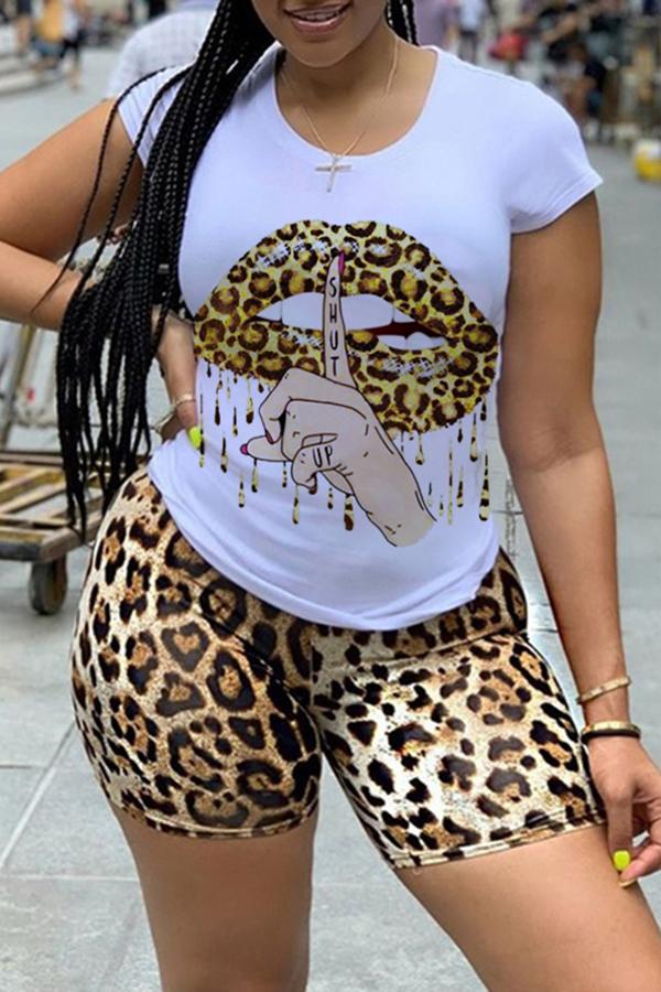 Fashion Casual Leopard Print Lip Print Sports Shorts Suit