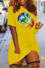 Cute Sexy Rainbow Lips Pocket T-shirt Dress