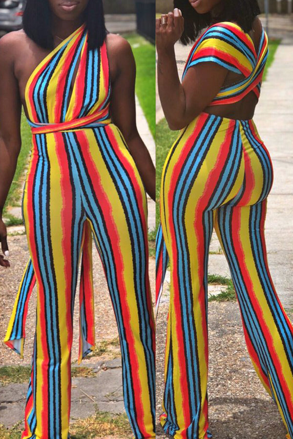Reversible Rainbow Contrast Striped Knotted Jumpsuit