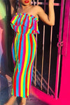 Fashionable Rainbow Stripe Lace-up Wide Leg Jumpsuit