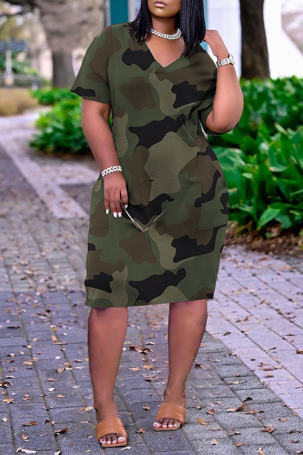 Loose Camouflage Print V-neck Casual Pocket Dress