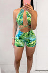 Palm Leaf Printed Cross-Tie High Waist Bikini Swimsuit
