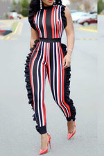 Fashionable Slim Ruffled Color Striped Jumpsuit