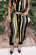 Fashionable Slim Ruffled Color Striped Jumpsuit