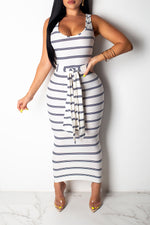 Elegant Sexy Striped Lace-up Sleeveless Maxi Dress(With Belt)