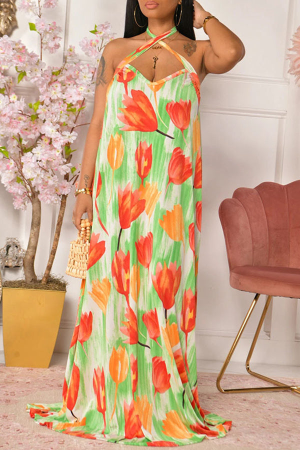 Casual Tulip Print Cross Halter Sleeveless Maxi Dress