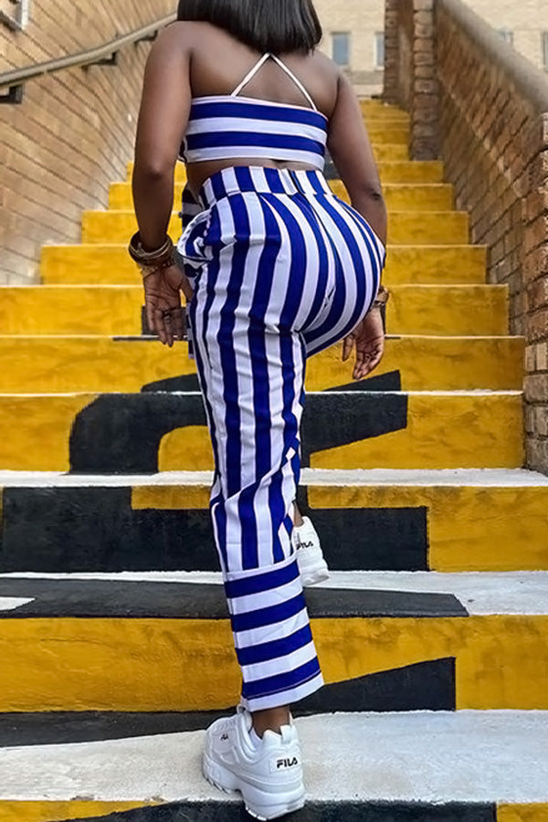 Striped Printed Suspenders Knotted Two-piece Set
