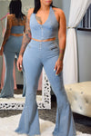 Fashion Casual Zipper Flared Trousers Denim Two-piece Suit
