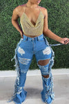 Fashion Ripped Fringed High-rise Jeans