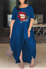 Fashion Casual Lip Print Slit Maxi Dress