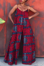 Fashion V-neck Ethnic Print Casual Wide-leg Flared Jumpsuit