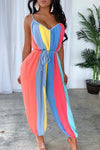 Fashion Casual Rainbow Striped Suspender Jumpsuit (With Belt)