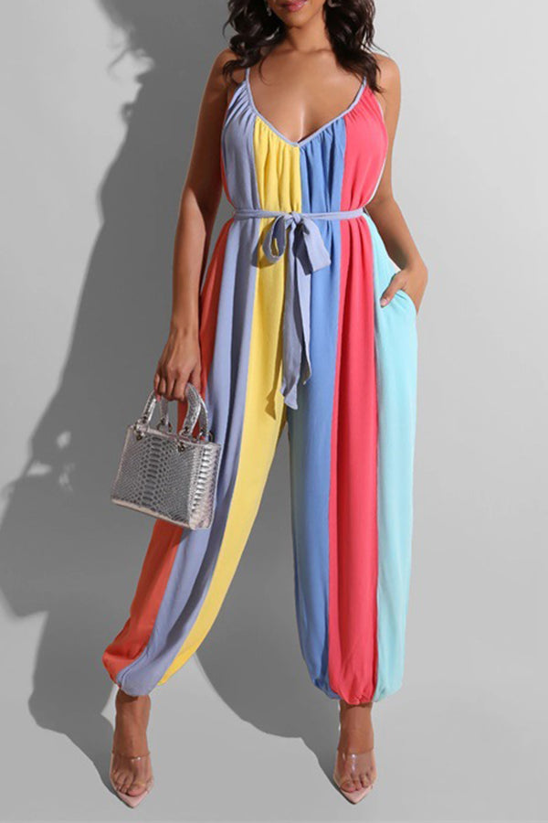 Fashion Casual Rainbow Striped Suspender Jumpsuit (With Belt)