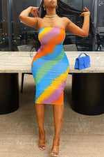 Fashion Sexy Slim Sleeveless Color Striped Midi Dress