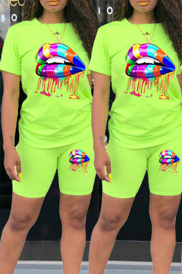 Casual Fashion Rainbow Lip Print Sports Two-piece Suit
