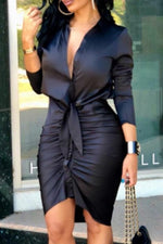 Knotted Pleated Long-sleeved Midi Shirt Dress