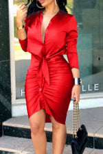 Knotted Pleated Long-sleeved Midi Shirt Dress