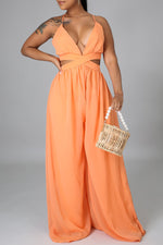 Pure Color Casual Loose Hollow Chiffon Jumpsuit