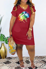 Fashion Casual V-neck Rainbow Lip Print Dress