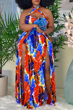 Printed Cross Halterneck Slit Maxi Dress (Plus Size)
