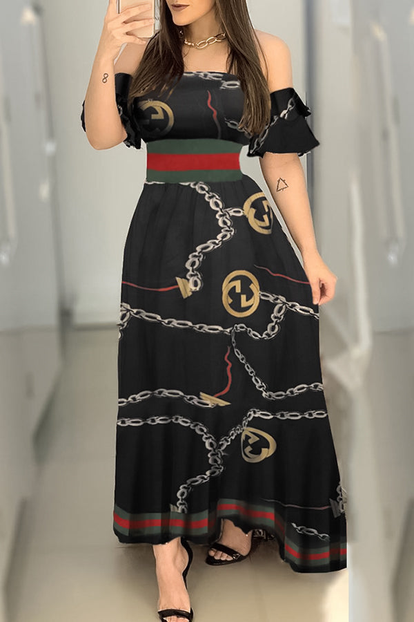 Off-the-shoulder Chain Print High-waist Maxi Dress